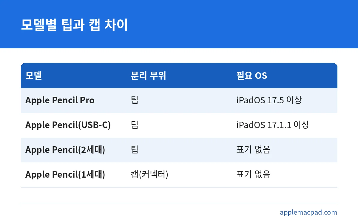 애플펜슬 모델별로 분리하는 부위와 필요한 iPadOS 버전을 비교한 표