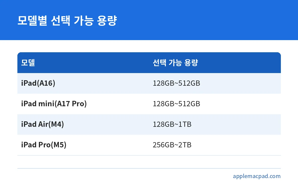아이패드 기본, 미니, 에어, 프로 모델별 선택 가능한 저장 용량 비교