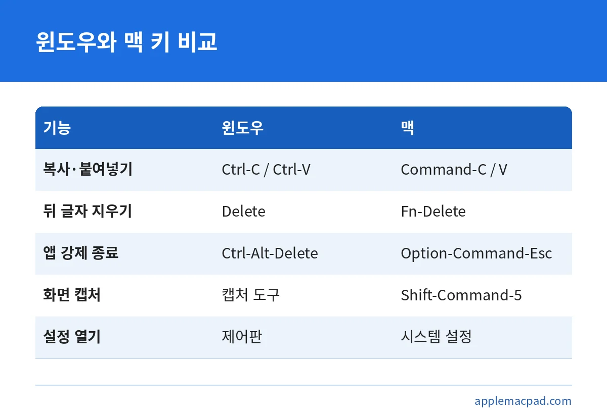 윈도우와 맥의 복사, 삭제, 강제 종료, 캡처, 설정 키를 비교한 맥북 처음 설정용 표