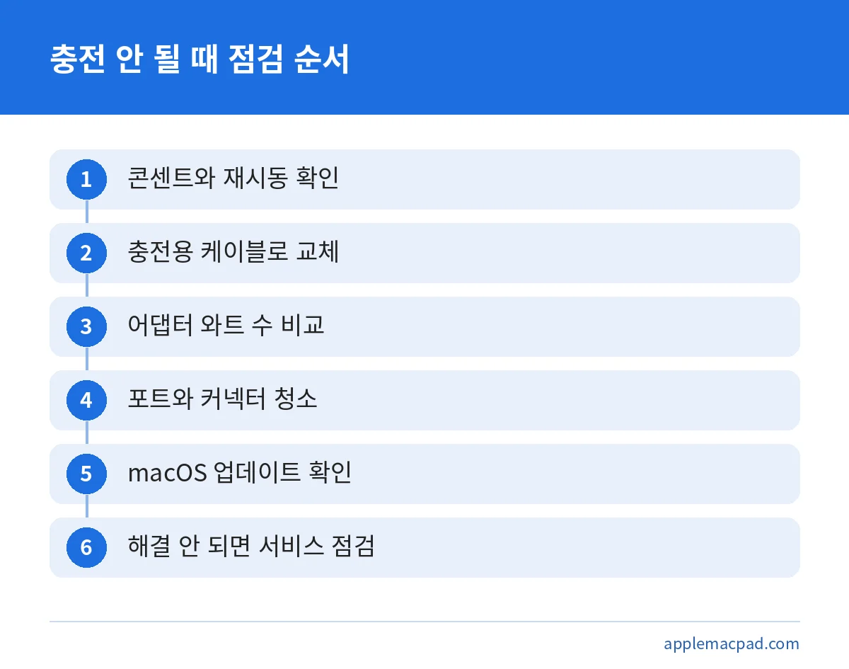 맥북 충전 안됨 점검 순서를 콘센트부터 서비스 점검까지 여섯 단계로 정리한 그림