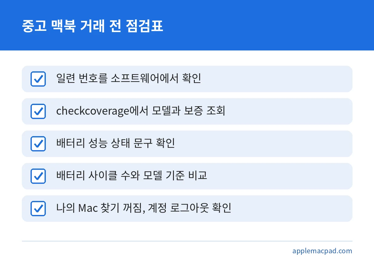 중고 맥북을 사기 전 일련 번호, 보증, 배터리, 사이클, 활성화 잠금을 확인하는 점검표